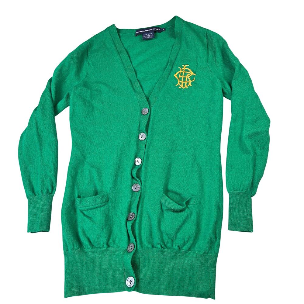 Ralph Lauren Sport Merino Wool Crest Cardigan Sweater Women's M Green V Neck